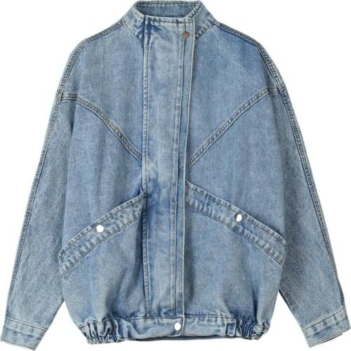 PERHAPS U Women Blue Denim Jacket Mandarin Collar Long Sleeve Solid Loose Oversize C0290