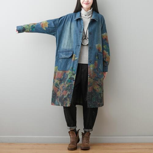 Oversized Denim Windbreaker Women Long cowboy Outerwear plus size Viintage Printed Single Breasted Baggy Jean Trench