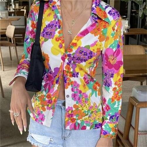 Women Button-down Shirt Office Lady Flower Printed Long Sleeve Turn-down Collar Cardigan Spring Autumn Loose Tops