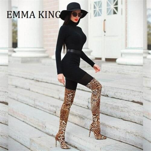 2021 Spring Autumn Women Leopard Long Boots Pointed Toe Women Over The Knee High Boots 12cm Sexy Thin Heels Shoes Botas De Mujer