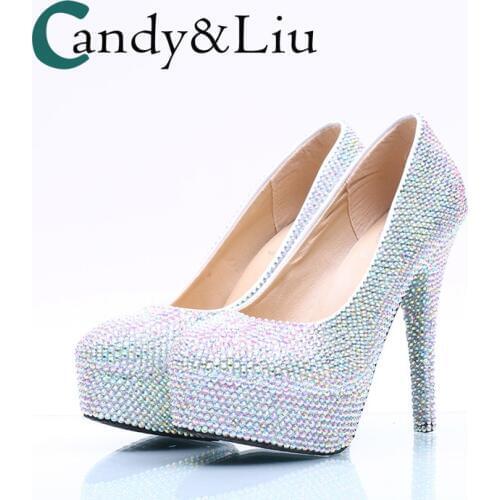 Silver Ab Colorful Crystal Wedding Shoes Round Toe Super High Heel Large Size Women Pumps with Platform for Party Banquet