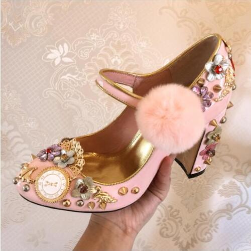 Chuassure marriage women sexy high heel shoes round toe crystal and gold mental decoration designer studded wedding pink heels