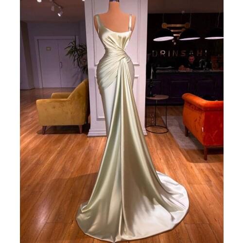 2021 Mermaid Evening Dresses Satin Scoop Neck Pleats Prom Dresses Simple New Arrival Women Formal Celebrity Dress