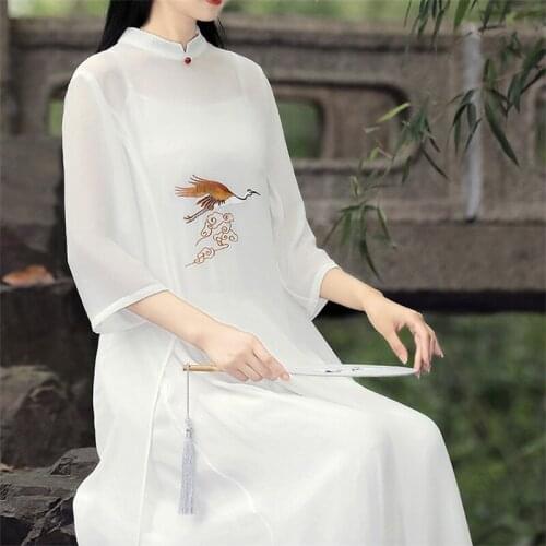 2021Traditional Summer Women Vintage Floral Embroidery Qipao Dress Chinese Style Elegant Cheongsams Dress Ladies Chiffon Dresses