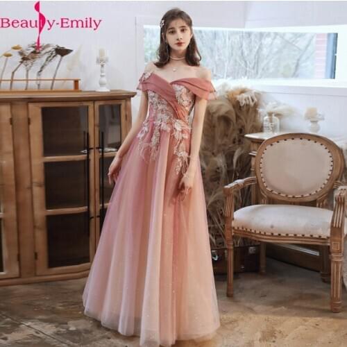 Beauty-Emily Off shoulder Long Evening Dresses Sequins Floral Elegant Formal Dress For Wedding Party Crystal Prom Gowns shiny