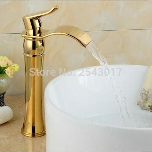 Bathroom Golden Waterfall Taps Basin Countertop Hot and Cold Mixer Faucets ZR458