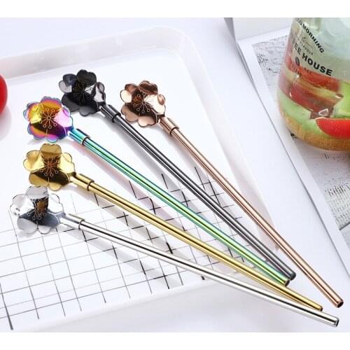 1pc 21cm 304 Stainless Steel Straw Spoon Flower Straw Spoon Milk Tea Long Handle Stirring Spoons