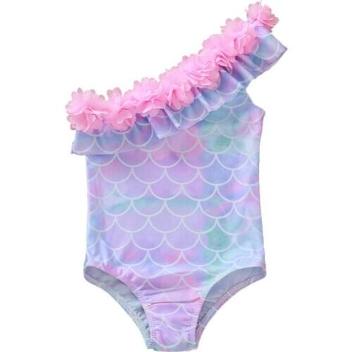 2020 Summer Swimsuit 1-5Y Toddler Kids Baby Girls One Shoulder Bikini Fish Scales Swimwear Bathing Suit Floral Beachwear