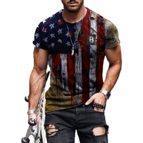 2021 Men Clothing Summer America Flag Retro Casual Short Sleeve T-Shirt Fashion Round Neck Stars Print Pullover Loose Tops