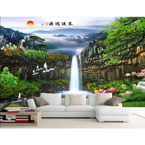 Custom photo 3d wallpaper mountain waterfall crane scenery room decoration painting 3d wall murals wallpaper for walls 3 d