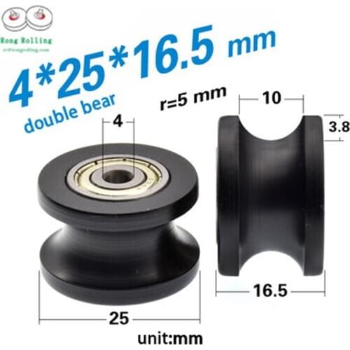 4*25*16.5 Black color U-groove nylon rollers/pulley/wheels with double 634zz bearings,covered Polyoxymethylene material bearing