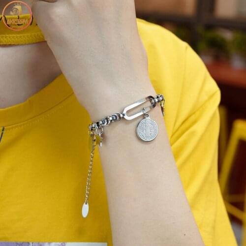 Akizoom Fashion High Quality Stainless Steel Bracelets Silver Color Pentagram Jesus Bangles For Women Jewelry Birthday Gift