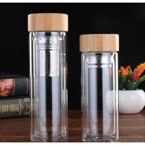 Bamboo Cover Water Bottles With Tea Infuser Filter Vacuum Cups Layer Anti Scald Glass Bottle For Outdoorl Carry Two Size