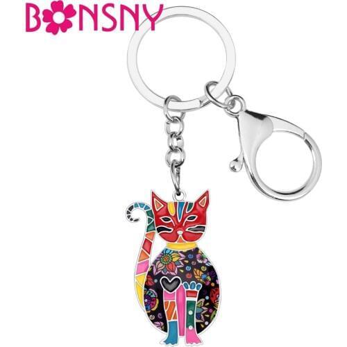Bonsny Enamel Alloy Floral Elegant Kitten Cat Key Chains Keyring Jewelry For Women Ladies Pendant Bag Car Charms Keychain Bulk