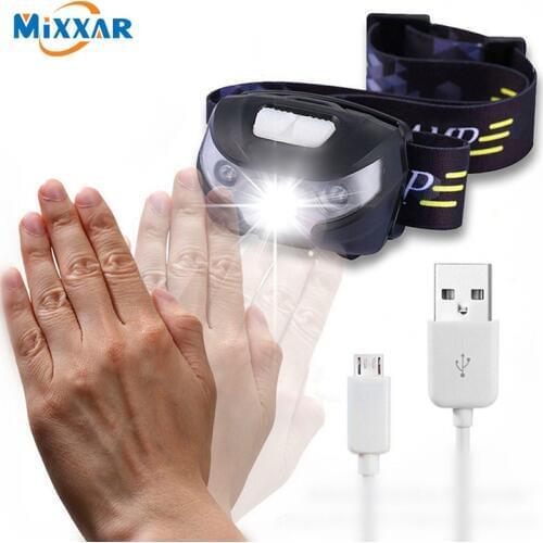 Dropshipping Mini Rechargeable LED HeadLamp Body Motion Sensor LED Bicycle Head Light Lamp Outdoor Camping Flashlight