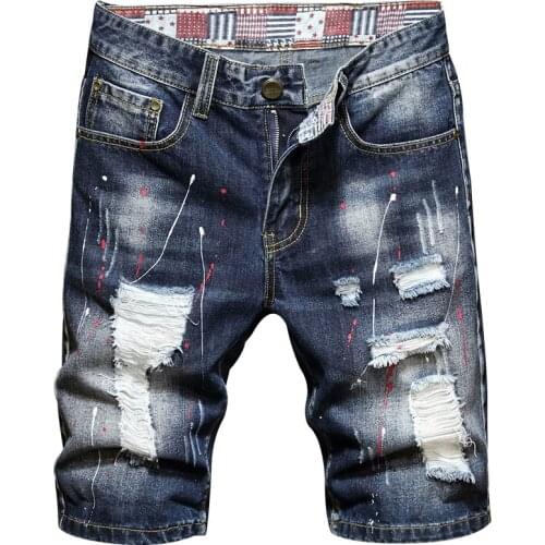 Trendy Denim Shorts Men Red Ink Paint Blue Jeans Slim Fit Fashion Men Designer Jeans Trip Party Club Hip Hop Big Pantalones