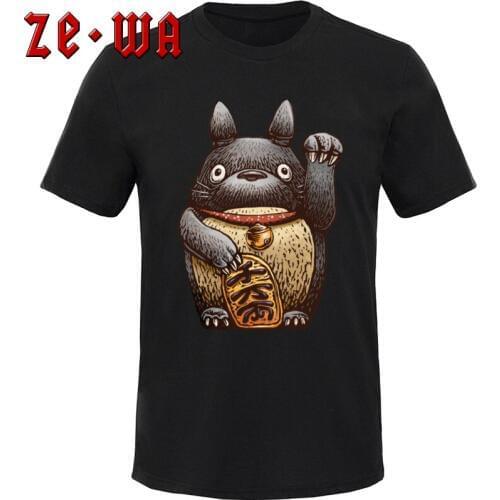 Japan Anime T Shirts O-Neck Wood Spirit Maneki Neko Lucky TShirt Cotton Man T-Shirt My Neighbor Totoro Tops Tees Funny Camisa