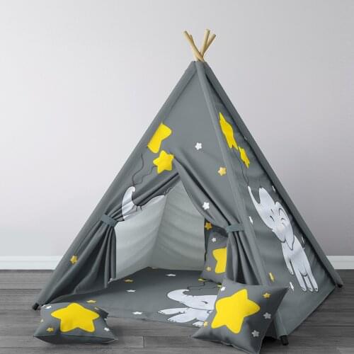 Play Tent for Kids Wigwam Portable Indoor Playground Tents Children Bedrooms Elephant and Yellow Stars Gray Model 046