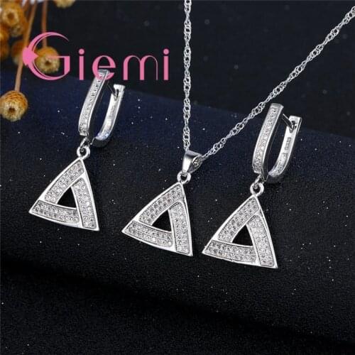 Luxury Triangle Jewelry Sets Micro Inlay Full Rhinestone Shiny Women Anniversary Fine Necklace Earrings Set Hot Sale