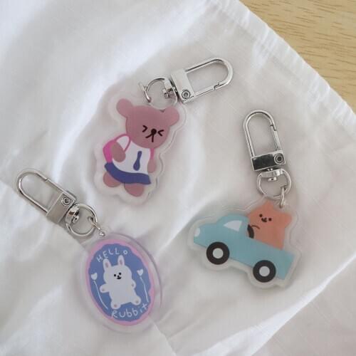 Korean Ins Cute Cartoon Car Bear Rabbit Key Buckle Girl Pencil Case Schoolbag Kawaii Creative Decorative Pendant Key Management