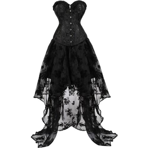 Corset Bustier Dress Top Skirt Tulle Set Long Lace Steel Boned Plus Size Gothic Sexy Lingerie Burlesque Vintage Korsett Black