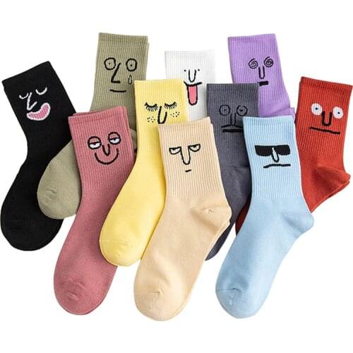 Cute Cartoon Emoticons Womens Pure Cotton Socks Ladies Funny and Fashionable Ten Colors Female Socks
