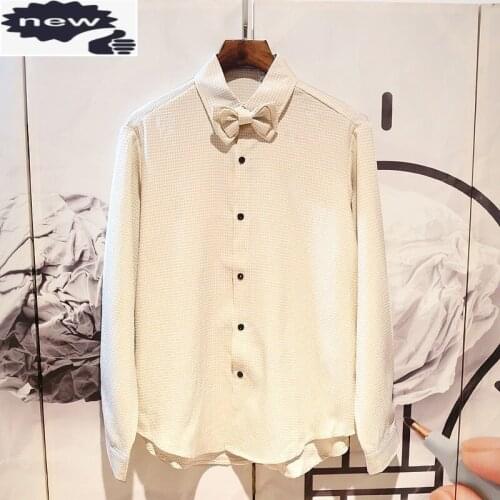 Autumn Men Loose Plaid Fashion Vintage Bow Tie Single Breasted Long Sleeve Blue Khaki Casual Tops Shirts Male S-XL