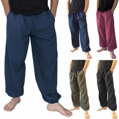 Plus Size Men Cotton Linen Long Pants Solid Color Wide Leg Loose Casual Trousers for men