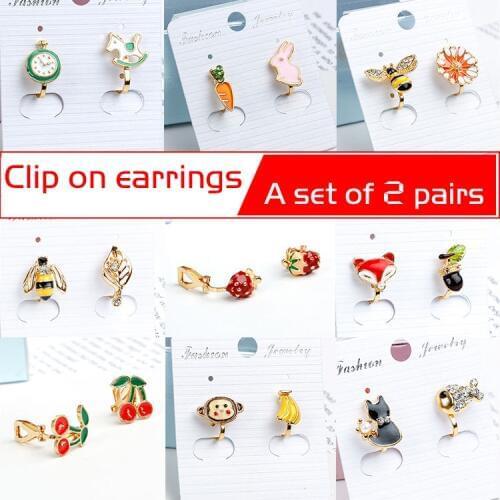 A Set of 2 Pairs Korea Style Animal Insect No Hole Earring Simple Charms Clip on Earrings for Children Students Jewelry Gifts