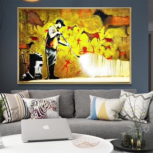 Banksy Cave Wall Graffiti Street Art Canvas Painting Abstract Figure Poster Print Wall Art Picture for Living Room Home Decor