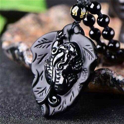 Natural Black Obsidian Leaf Tiger Pendant Beads Necklace Fashion Charm Jewellery Hand-Carved Pixiu Amulet Gifts for Women Men