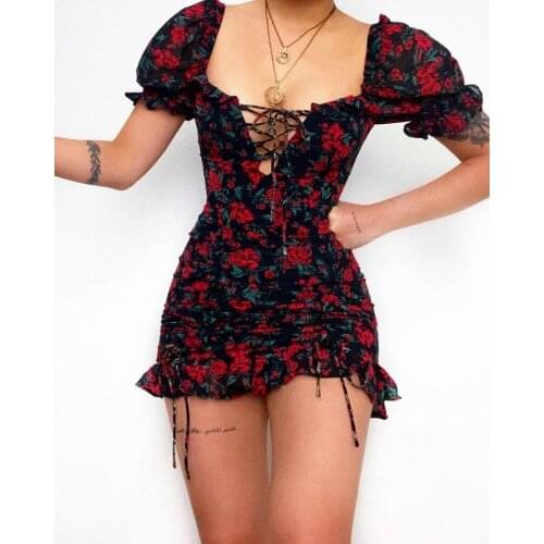 New Sexy Woman Dress Short Sleeve Bandage V-neck Floral Slim Mini Dresses Party Clothes