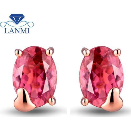 Newest Natural Pink Tourmaline Stud Earrings Oval cut 5x7mm Genuine Gemstone Soild 18Kt Rose Gold Jewelry For Gift WE033