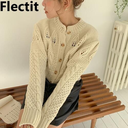 Flectit Vintage Cable Knit Cropped Cardigan For Women Cut-Out Details Front Button Sweater Tops Fall Winter Outfits
