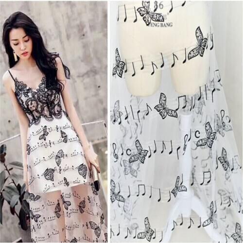 High end performance diy Musical notes embroidery evening dress accessories butterfly lace fabric