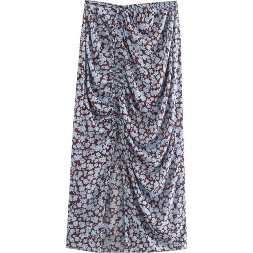 Za New Summer Vintage Print Skirt Women High Waist Package Hip Pencilskirt Fold Effect Front Split Skirts