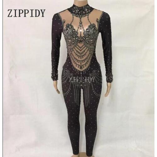 Female Singer Show Stage Rompers Gray Sparkly Crystals Jumpsuit Womens Performance Dance Party Prom Bodysuit Nightclub