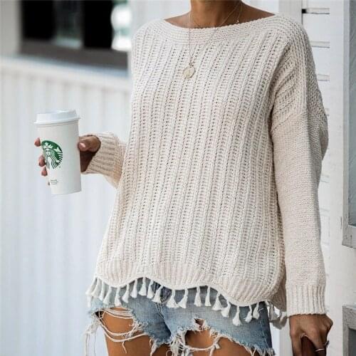 Women Autumn Winter Solid Sweaters Pullover Long Sleeve Knitted Jumper 2021 Tassel Bohemian Sweater Female Holiday Slim Knitwear