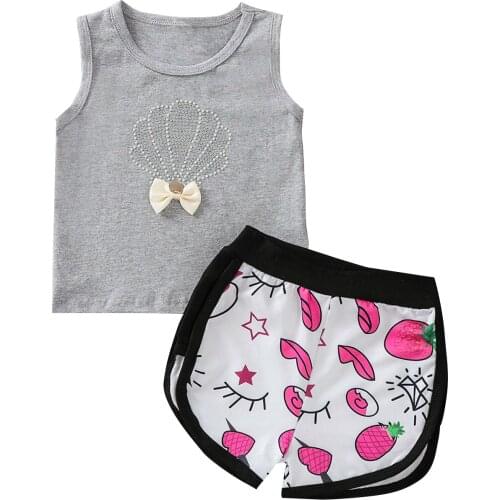 Baby Girl’s Vest and Shorts Suit Fashion Pearl Shell Sleeveless Tops and Printing Short Pants 6M-4T