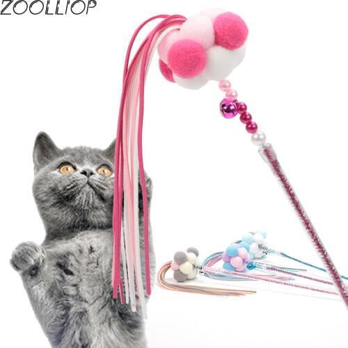 1PC Teaser Plush ball Toys Kitten Funny Colorful Rod Cat Wand Toys Plastic Pet Cat Toys Interactive Stick Pet Cat Supplies