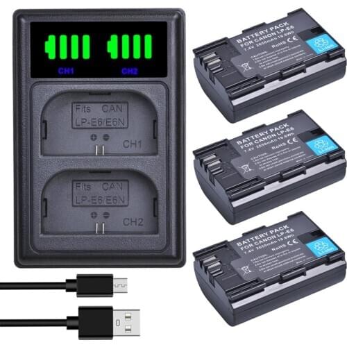 2650mAh LP E6 LPE6 LP-E6 Camera Battery + LED Dual Charger with type-C port for Canon EOS 5DS R 5D Mark II 5D Mark III 6D 7D 80D