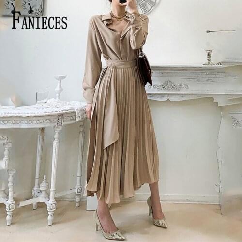 FANIECES Business Chic Pleasted Shirt Dresses Women Autumn Long Sleeve Lapel Single Breasted Office Lady Elegant Long Dress