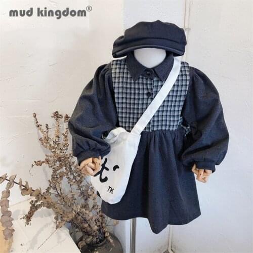 Mudkingdom Girls Fleece Dress Autumn Winter Patchwork Plaid Turn-down Collar Long Sleeve Princess Dresses Kids Fashion Clothing