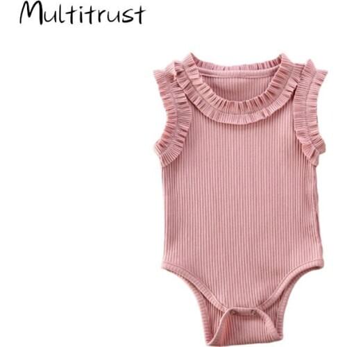 2020 Baby Summer Bodysuit Baby Girl Sleeveless Cotton Bodysuit Ribbed Ruffled Jumpsuits Solid Playsuits 0-24M