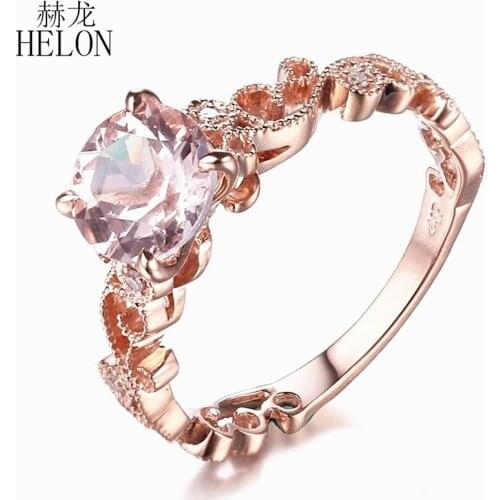 HELON Round 7mm Morganite Solid 10K Rose Gold Filigree Femmes Natural Diamonds Engagement Ring Vintage Antique Wedding Ring