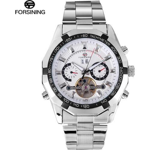 FORSINING Top Brand Luxury Men Watch Automatic Mechanical Tourbillon Skeleton Stainless Steel Bracelet Self-wind Wrist Watch