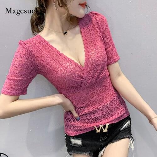 Summer Sexy Lace Tops Women 2021 New Fashion V-neck Lace Blouse Short Sleeve Solid Shirt Ladies Slim Womens Tops Blusas 9631