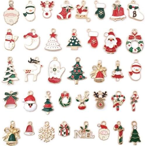 Mix 76pcs Cute Christmas Enamel Alloy Charms Gold Tone Plated Oil Drop Santa Clause Tree Deer Candy Cane Snowman Metal Pendants