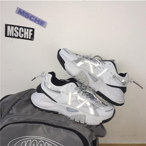 Fashion Reflective Women Chunky Sneakers 2021 Autumn Brand Design Cross-tied Womens Casual Shoes Plus Size Girls Sport Shoes