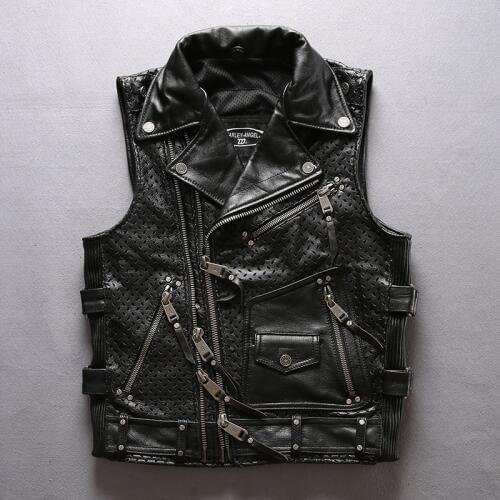 2020 Mens Cowhide Mesh Breathable Oblique Zippper Thick Genuine Leather Motorcycle Rider Vest Plus Size Sleeveless Coats